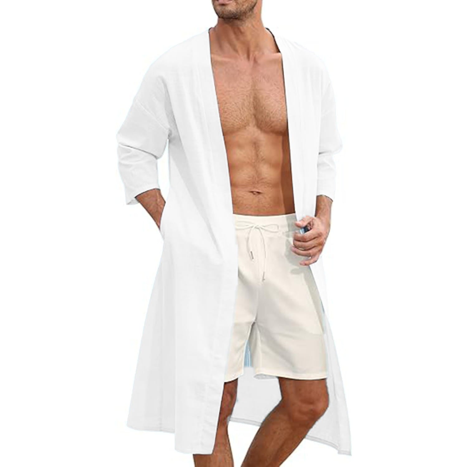 White lightweight linen men’s relaxed fit open front kimono cardigan with a relaxed fit and three quarter length sleeves.