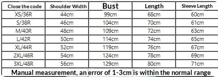 This is a size chart displaying shoulder width bust length and sleeve length measurements in centimeters for a gold sequin mens suit jacket retro floral blazer.
