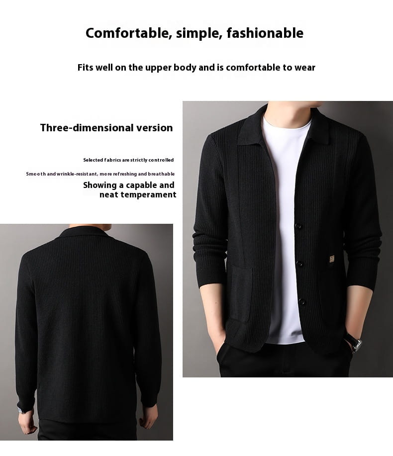 Herren-Rippstrick-Cardigan-Mantel in Schwarz mit Kragen und Knopfverschluss aus Rippstrickmaterial.