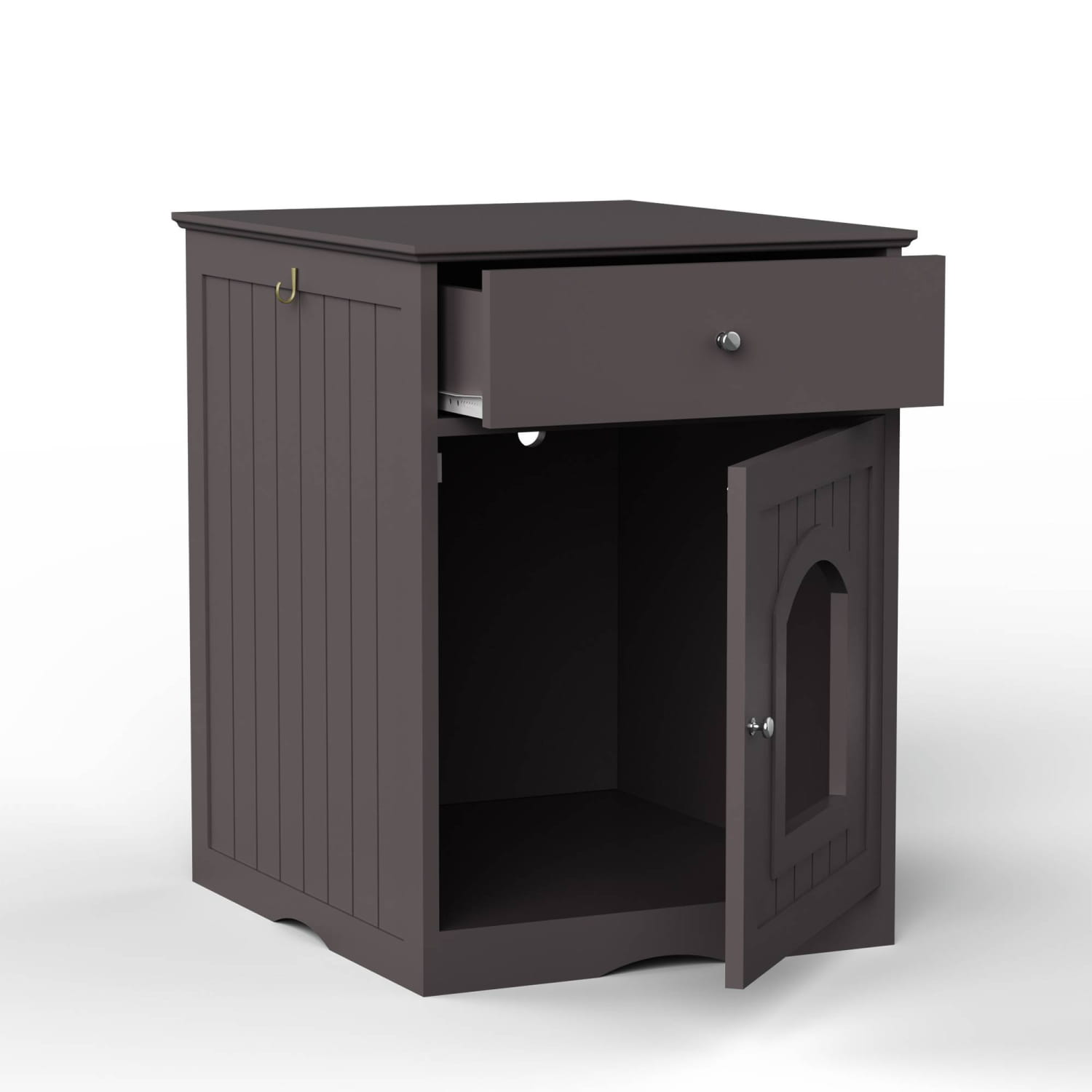 Eine Einfassung für eine Katzenkloschale aus dunkelgrauem Holz als Nachttisch mit Schublade und einem gebogenen Türbereich.