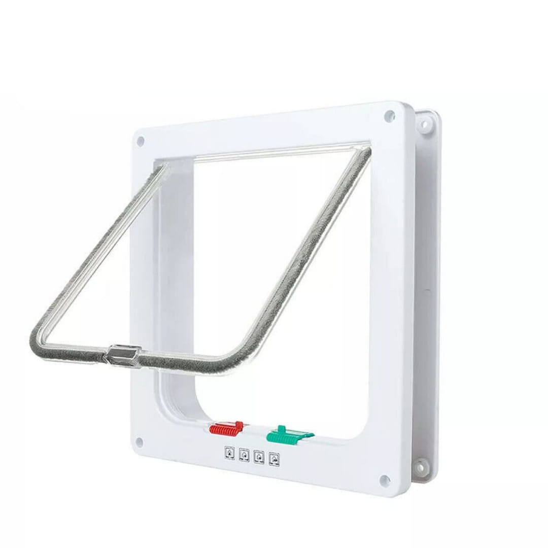 xl pet door 4 way locking magnetic dog cat flap white with a silver-framed hinged flap and colorful control buttons.
