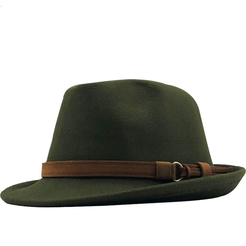 Wool fedora hat in olive green felt with a brown leather strap and buckle.