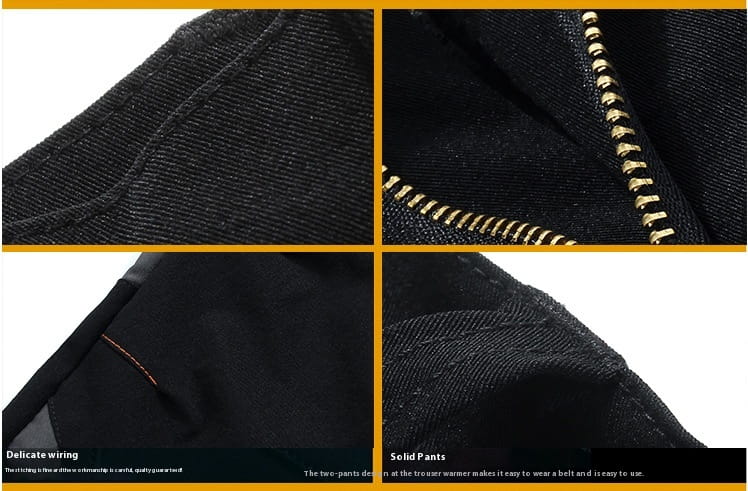 black denim men’s waterproof tactical hiking pants with gold-toned zippers and subtle orange stitching shown from the back side