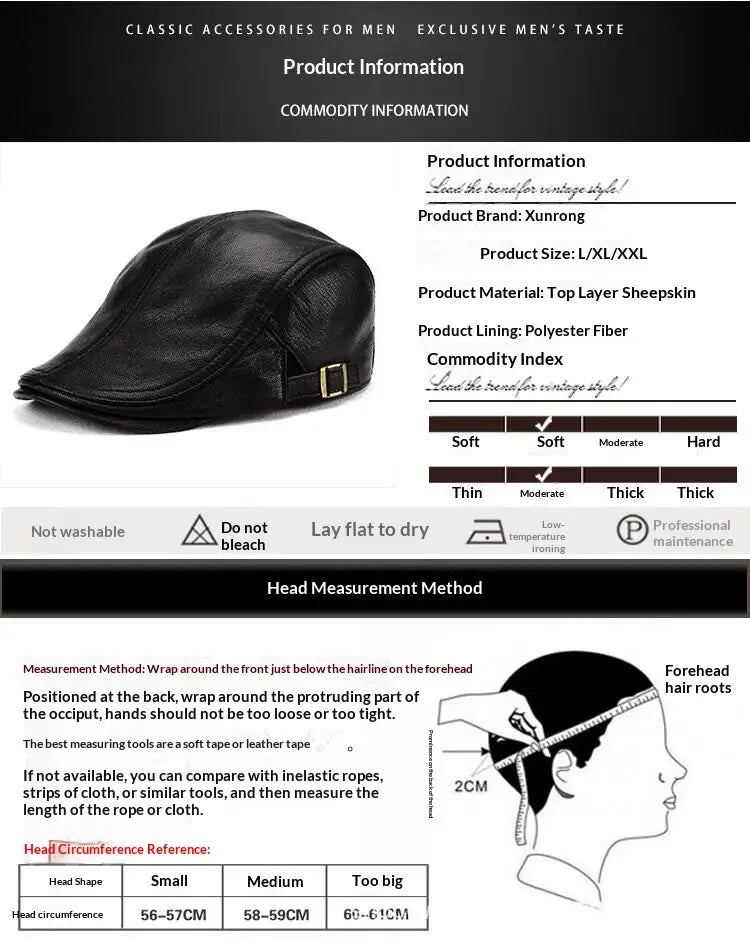 black leather flat cap for men featuring a gold toned buckle on the side designed as a warm winter hat