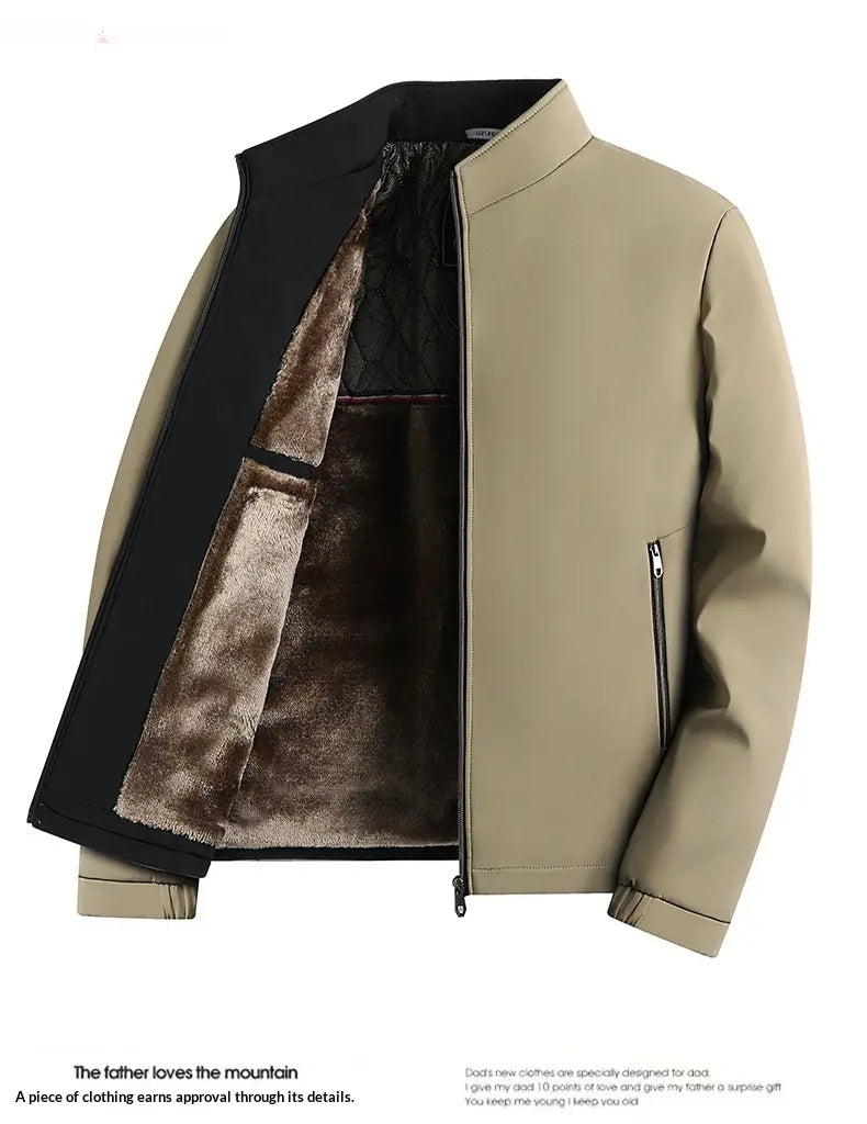 Beige quilted men fleece lined winter jacket with black collar and brown faux fur lining suitable for business casual wear.
