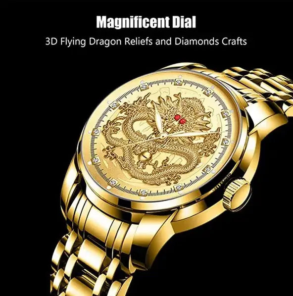 Men’s luxury 18k gold quartz watch featuring a golden dial with a detailed 3d flying dragon design accented with diamonds and red highlights.
