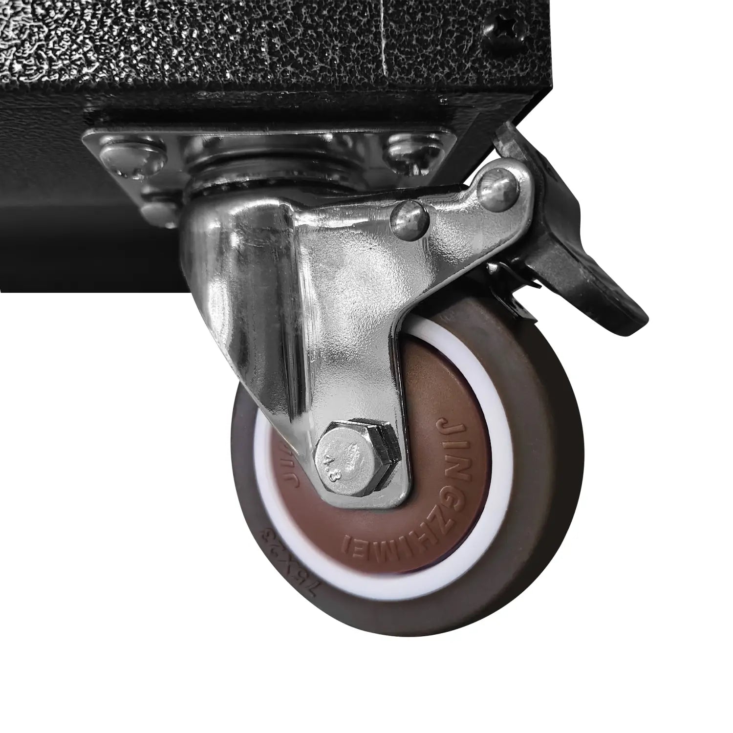 black caster wheel with silver metal bracket and brown rubber tire featuring white lettering on a gray metal tool storage cabinet with wheels and four drawers