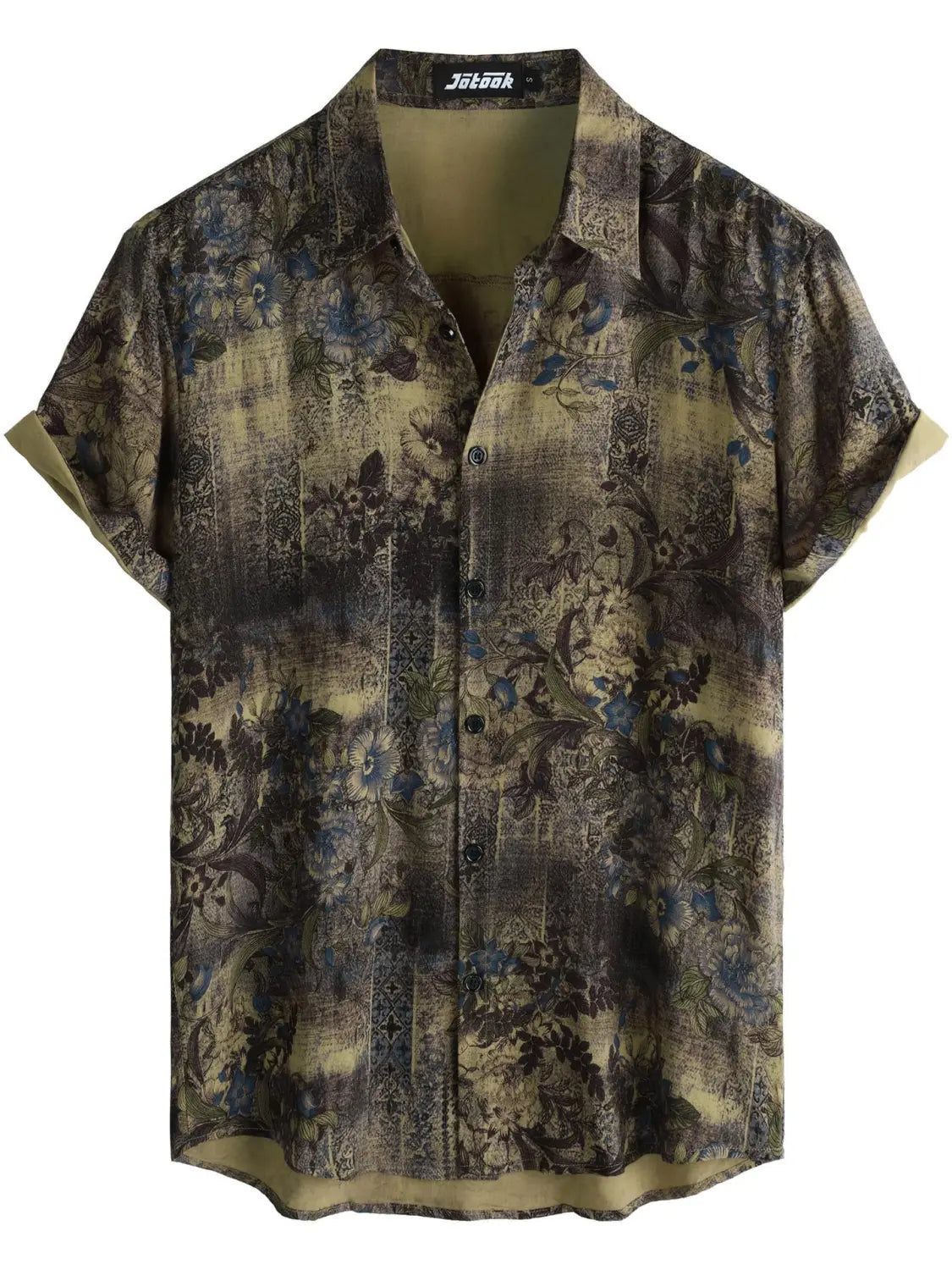 A jblook brand floral Hawaiian short sleeve shirt for men featuring a vintage floral pattern in muted olive dark brown and navy blue tones on textured fabric.