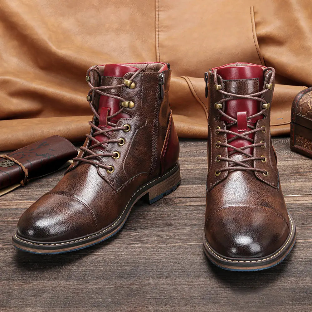 men’s leather martin boots with brown distressed leather, lace-up design, contrasting burgundy lining, and blue rubber sole.