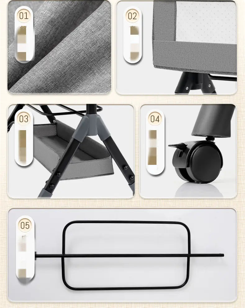 Portable folding baby crib made of gray fabric with a black metal frame and caster wheels featuring a mosquito net and mattress for convenience and mobility.