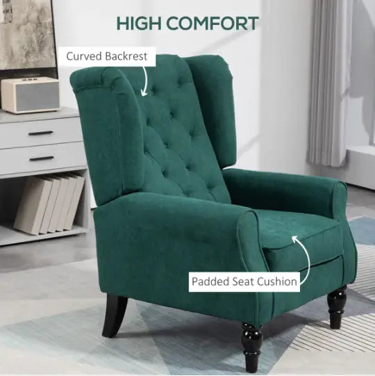 Fauteuil releveur d’appoint en velours vert émeraude à dossier capitonné « wingback », avec coussin de siège rembourré et pieds en bois.