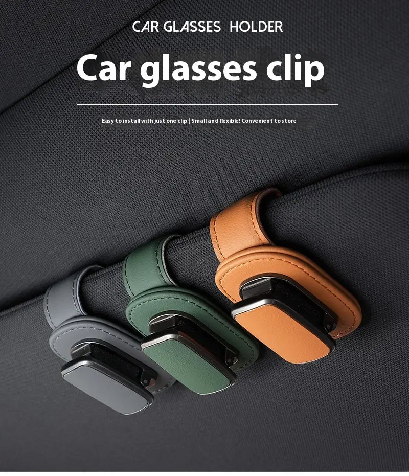 leather car glasses clip holder featuring a sleek minimalist design in gray green or tan leather with a matte black metal clasp