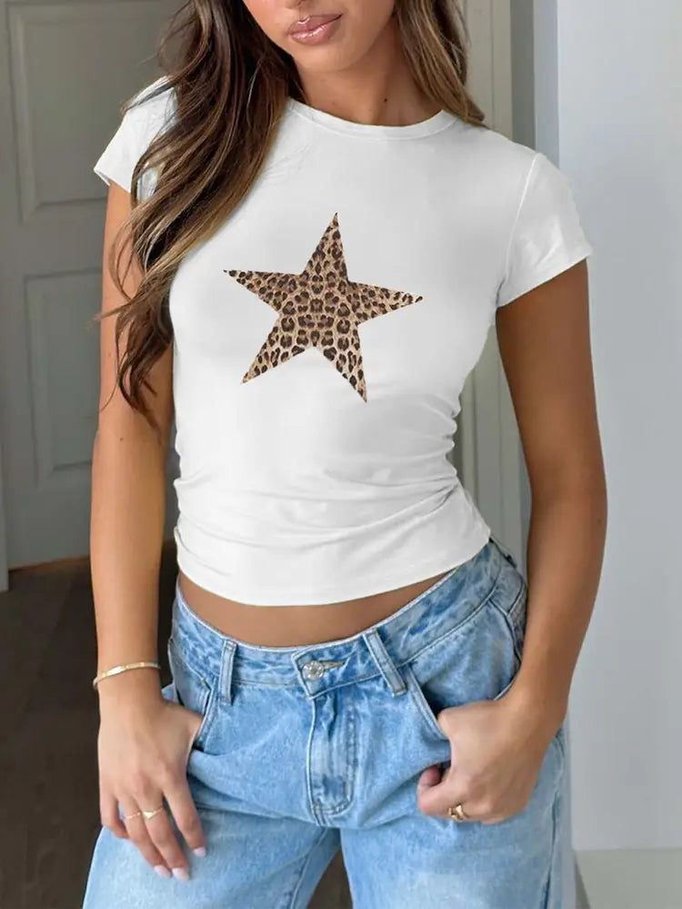 White slim fit short sleeve crop top featuring a bold leopard print star design on the chest.