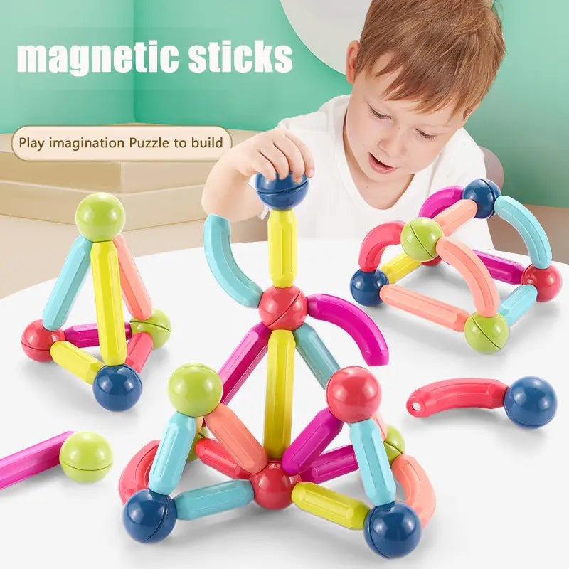 Conjunto de bloques magnéticos coloridos para niños con varillas magnéticas de plástico vibrantes en tonos de rosa, amarillo, azul, verde y rojo, con extremos redondeados.