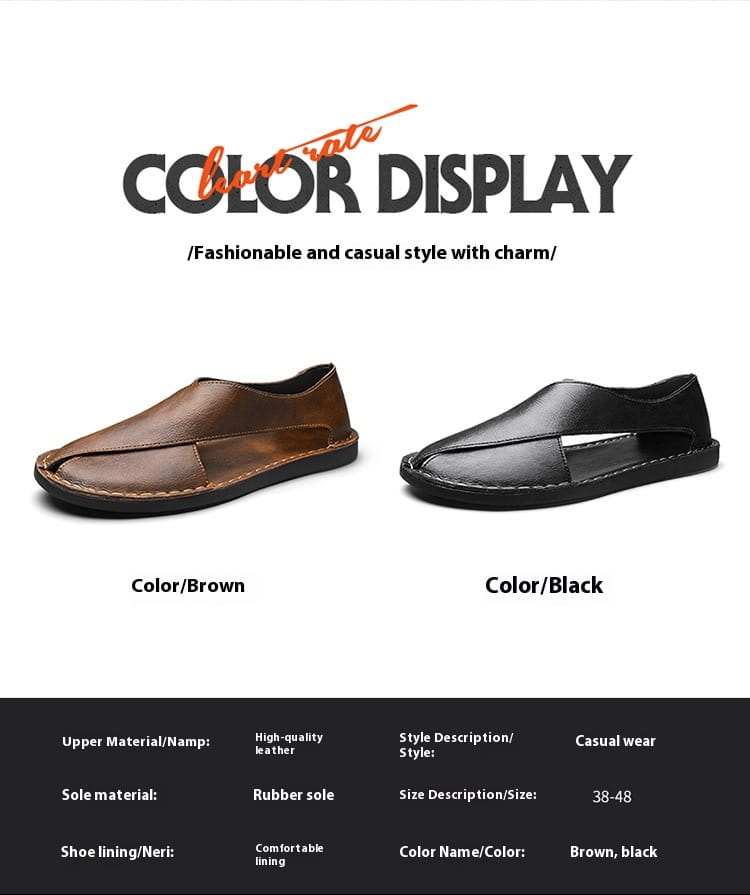 Herren-Braune und schwarze Echtleder-Slip-on-Loafer mit Gummisohlen, entworfen als Strandsandalen.