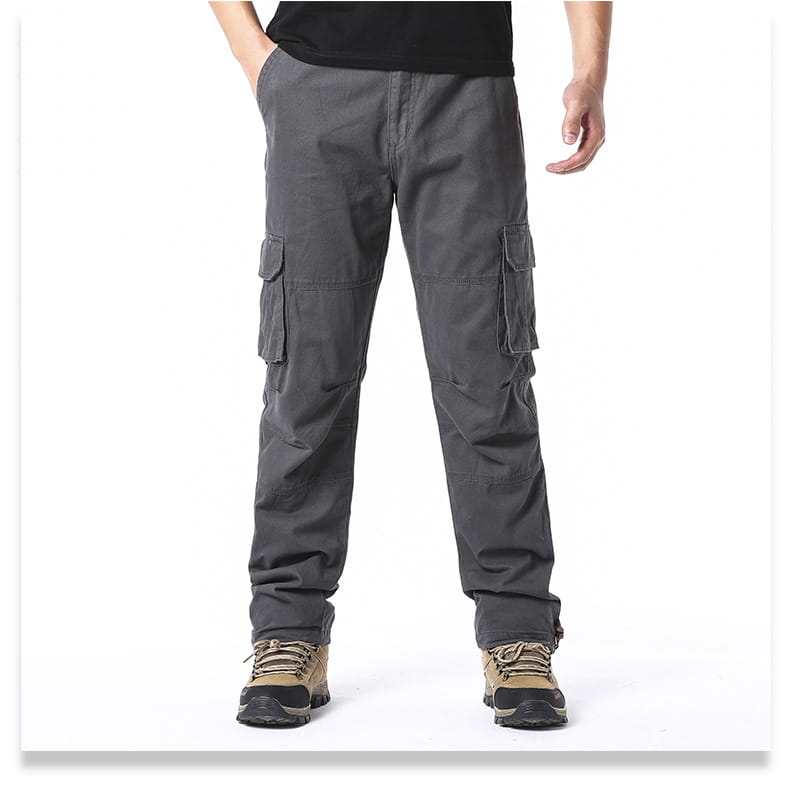 Pantalones cargo de algodón para hombre color gris oscuro, con múltiples bolsillos y tejido resistente, para un uso versátil.