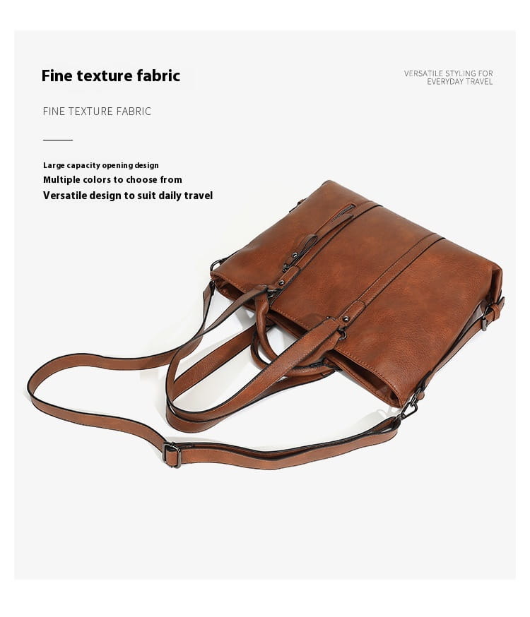 brown leather large capacity tote bag with fine texture fabric finish and adjustable shoulder strap