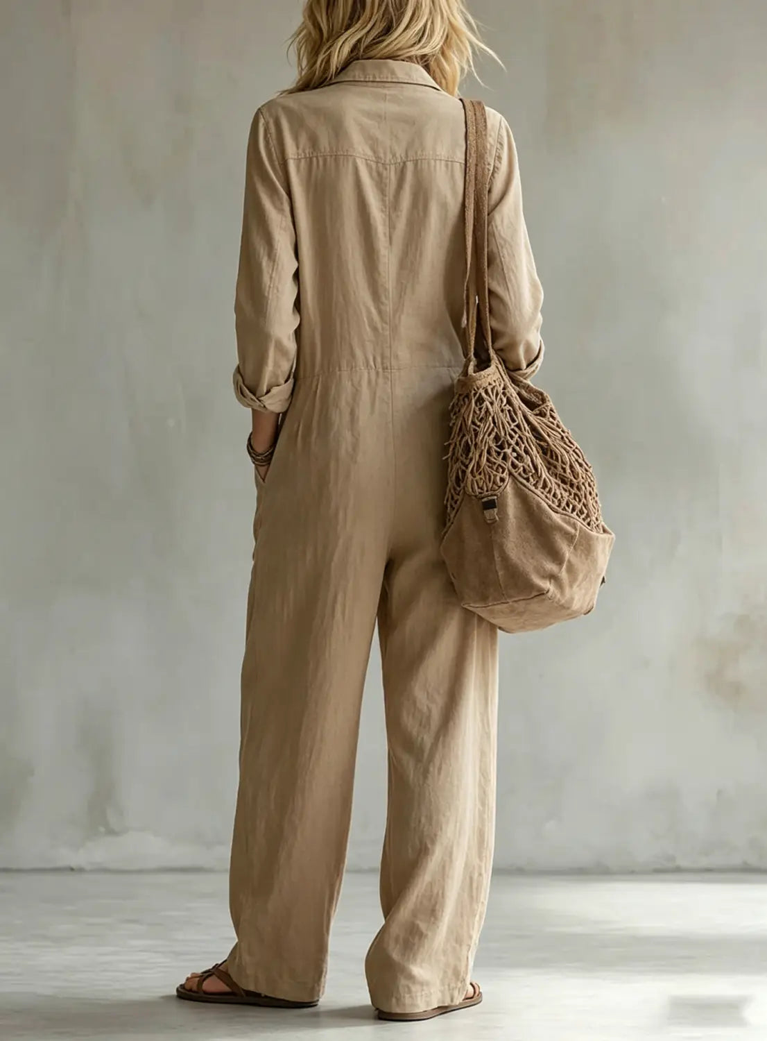 Beiger Leinen-Casual-Jumpsuit mit langen Ärmeln, hochgekrempelten Ärmeln und weitem Bein, geeignet für die Arbeitskleidung.