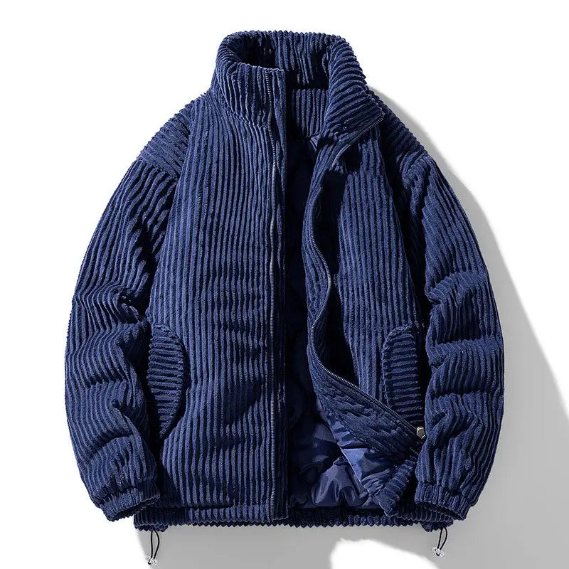 Navy blue corduroy puffer jacket for couples featuring a ribbed texture and zipper closure.