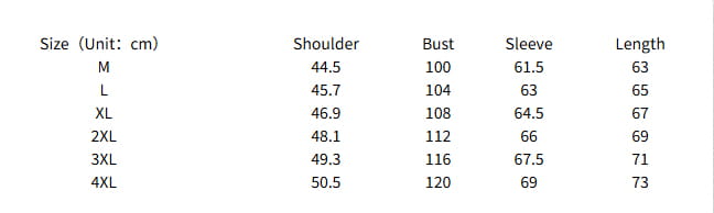 Le tableau des tailles pour la doudoune à capuche en coton pour hommes indique des mesures en centimètres pour les tailles de M à 4XL.