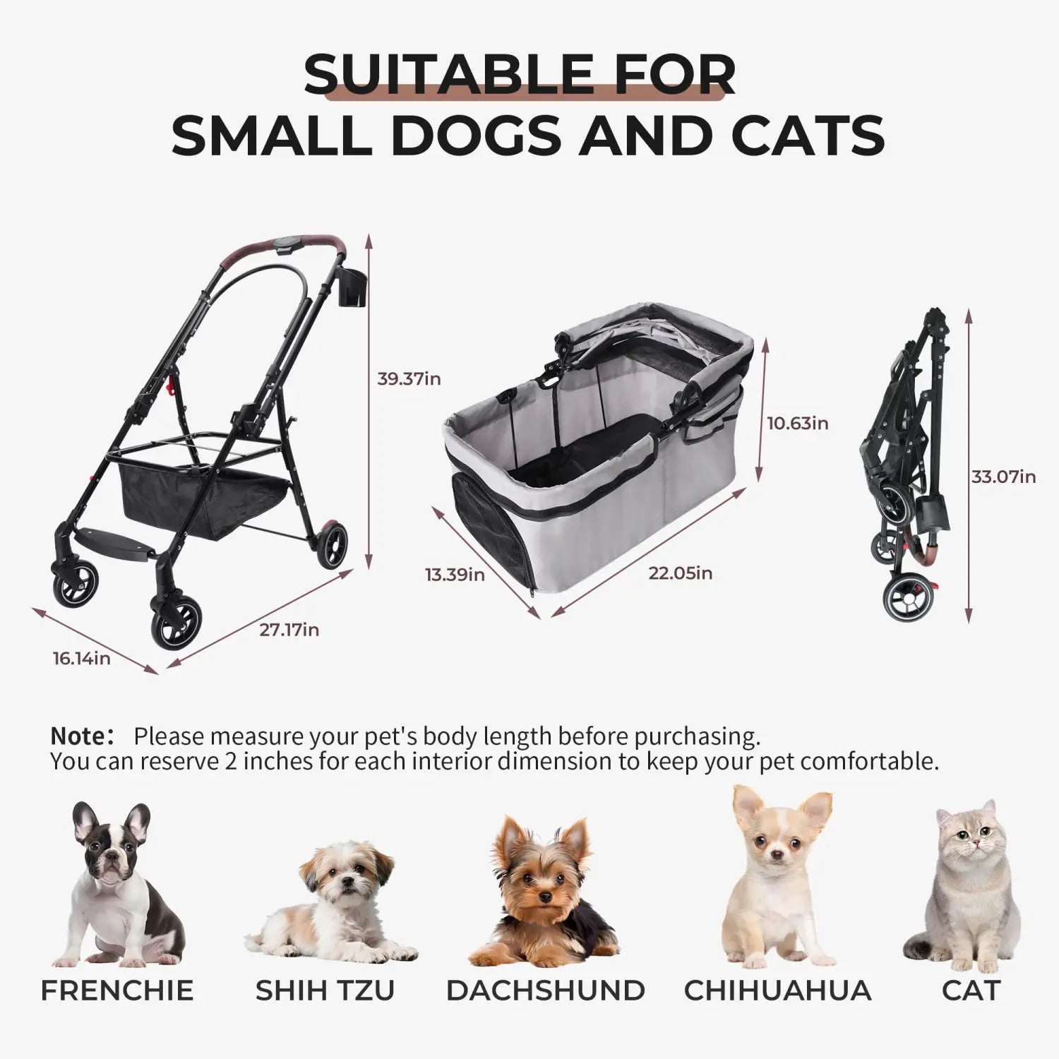 Foldable pet stroller for small dogs and cats in gray and black with a foldable frame, four wheels, and a spacious interior made for comfortable pet transport.