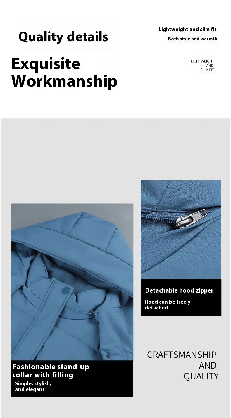 Chaqueta acolchada acolchada azul claro para mujer, con cremallera de capucha desmontable hecha de plumón, para ropa corta, gruesa y abrigadora para el invierno.