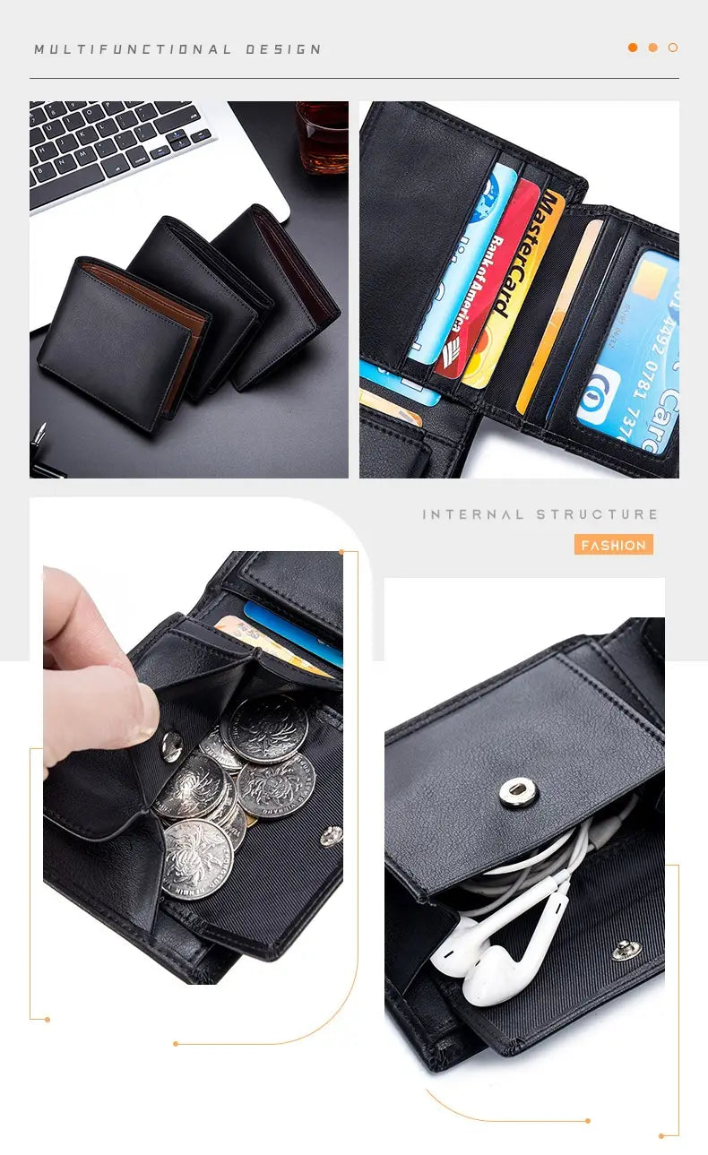 Black leather bifold wallet for men with multiple card slots coin compartment and headphone storage made of genuine leather.