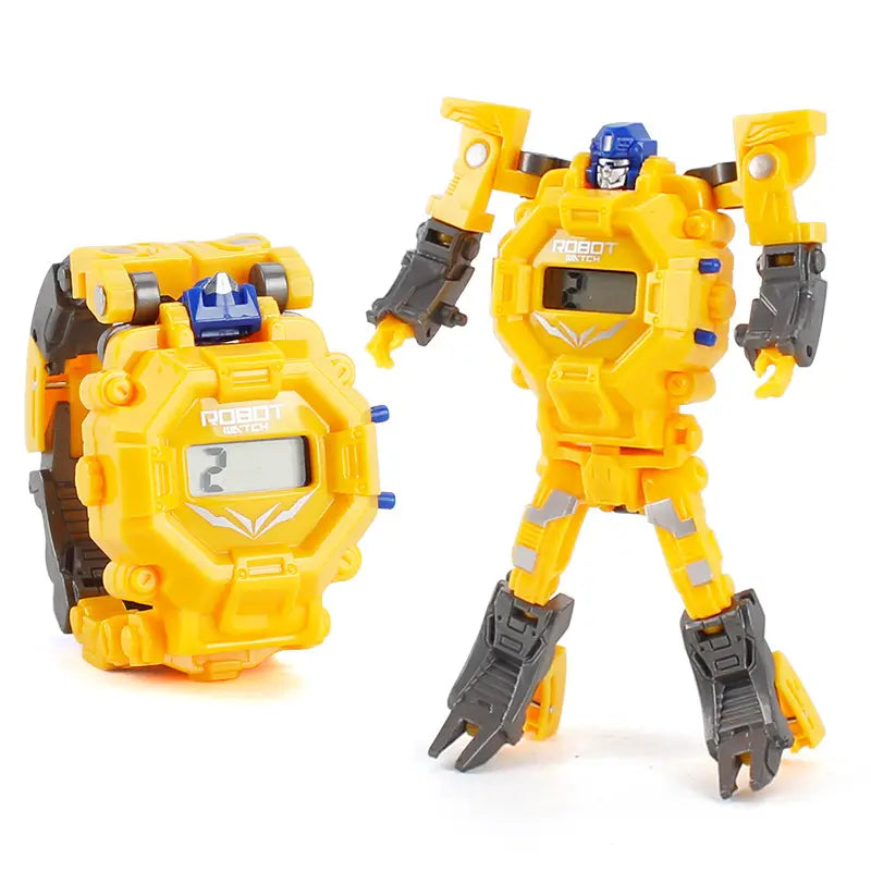 reloj digital infantil que se transforma en robot amarillo y negro con detalles azules, que muestra el número 2 en pantalla en su forma de muñeca, del producto reloj de robot deformable para niños, juguete transformable, 2 en 1.