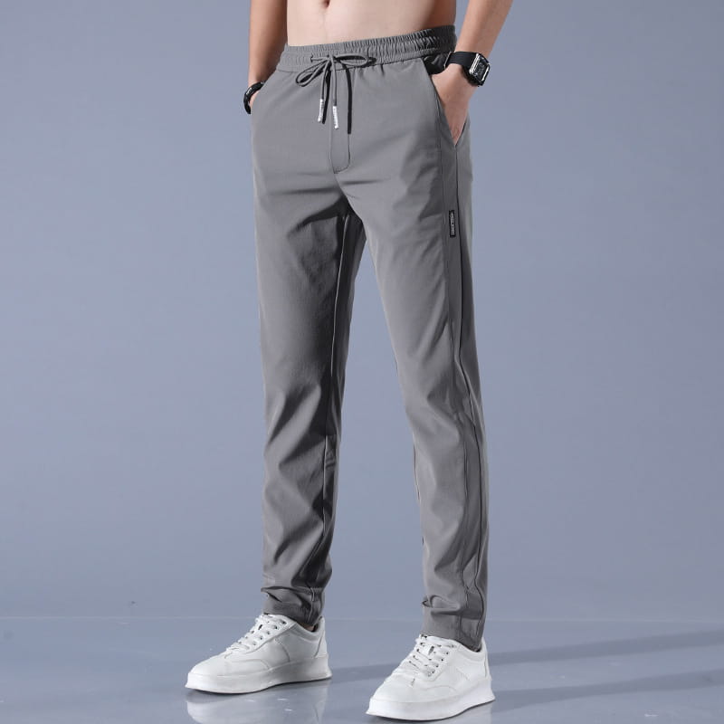 Men ice silk business casual pants in gray with a drawstring waistband and subtle side stripes.