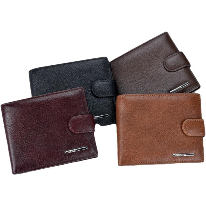 Four multifunctional bifold clutch leather cowhide wallets in black brown maroon and tan with silver toned metal accents.