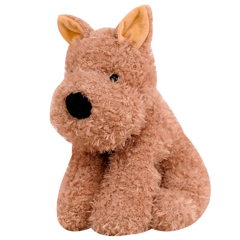 A plush tan-furred dog stuffed animal toy with black button eyes and a stitched nose measuring 23 to 40 centimeters.