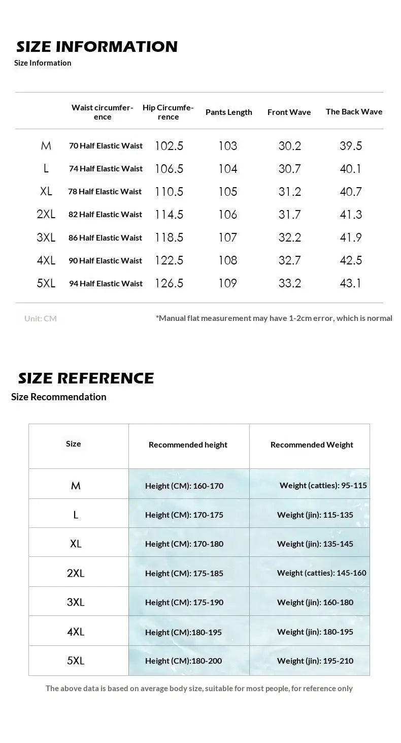 Size information and reference chart for olive green cotton cargo pants mens workwear with stretchy elastic waistband.