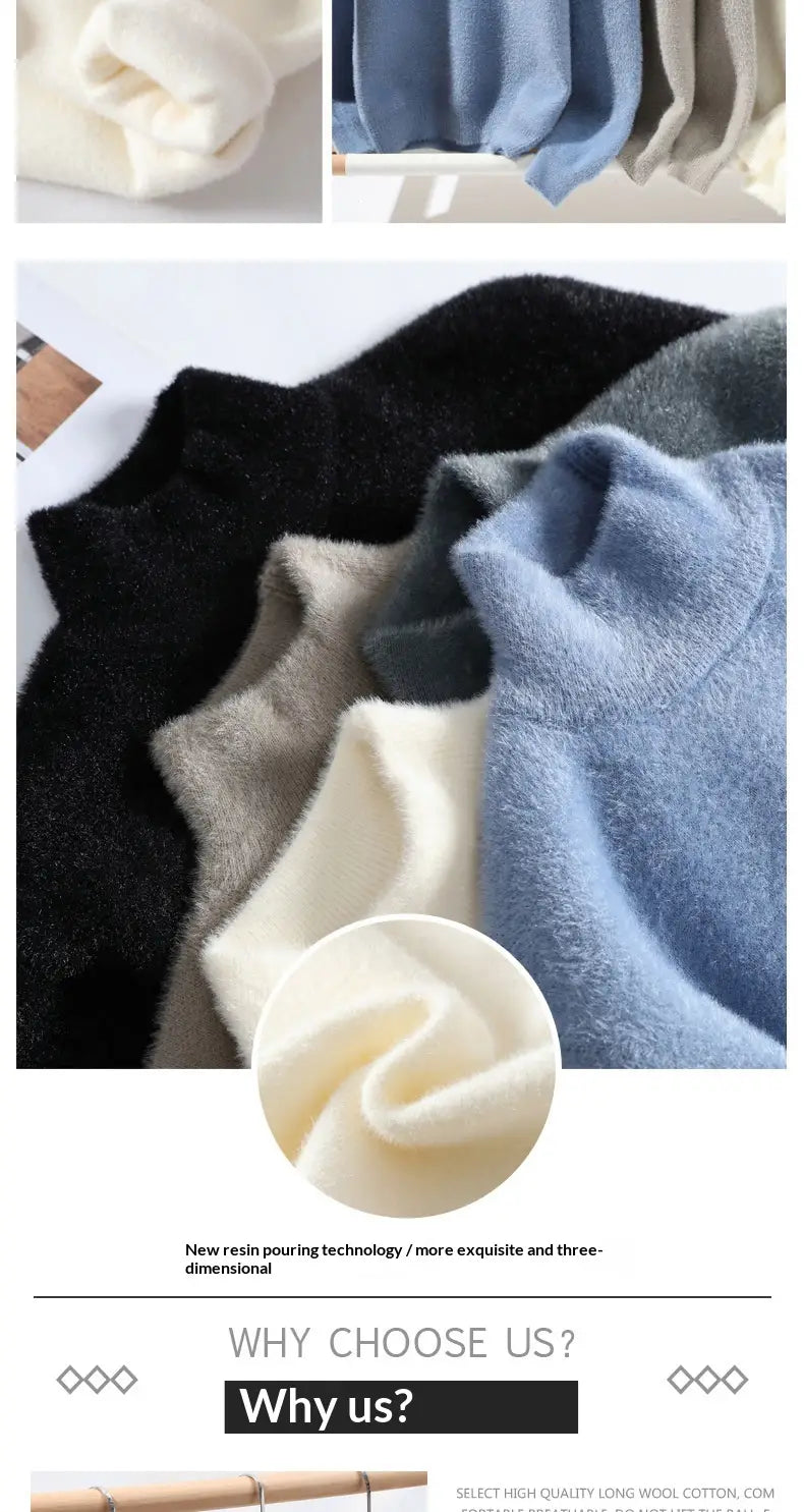 Men half turtleneck sweater warm knit pullover in soft plush material available in black beige cream and blue colors.