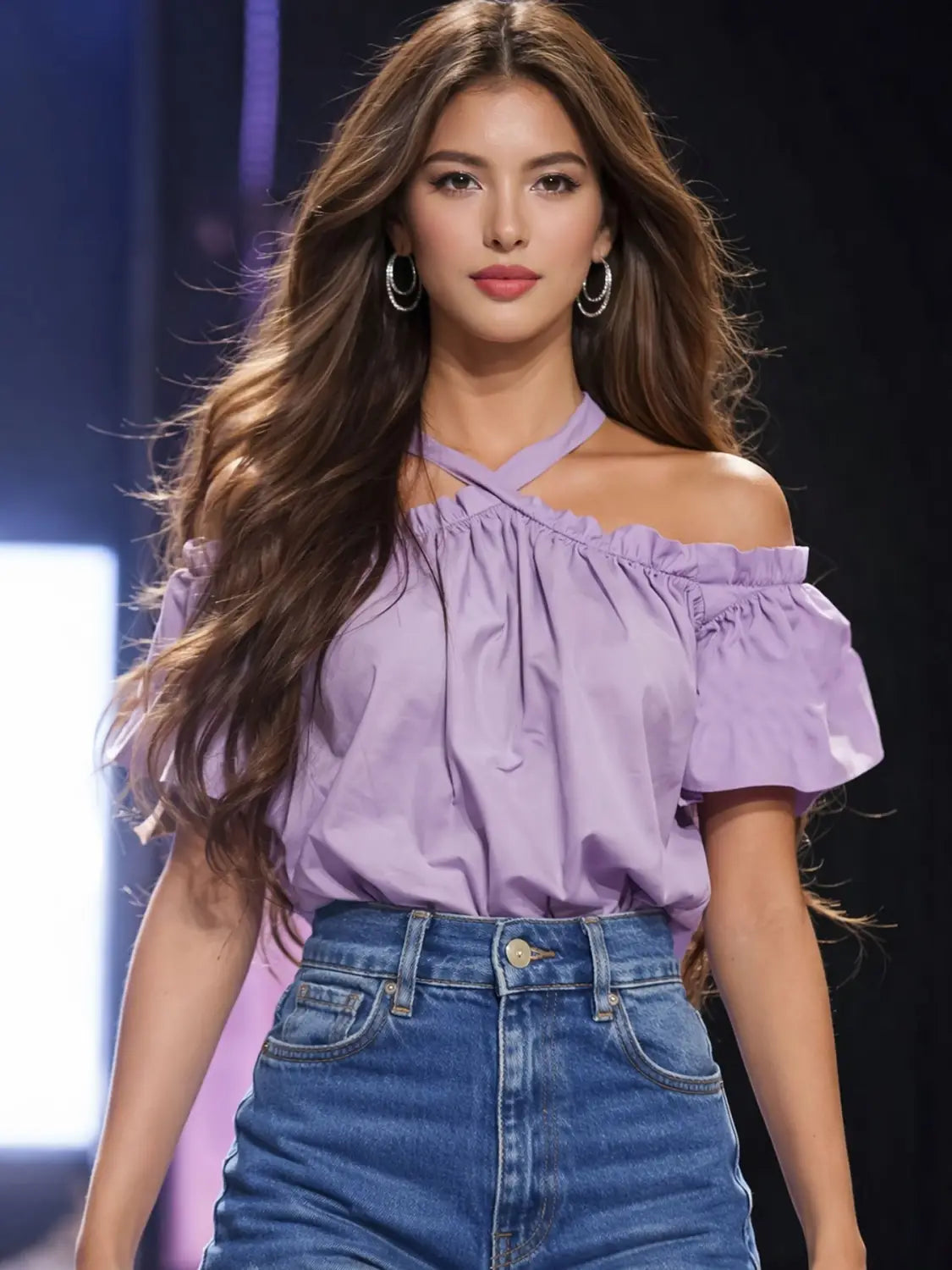 Lavender off-the-shoulder blouse with ruffled sleeves and a cross-neckline made from lightweight fabric for stylish casual wear.