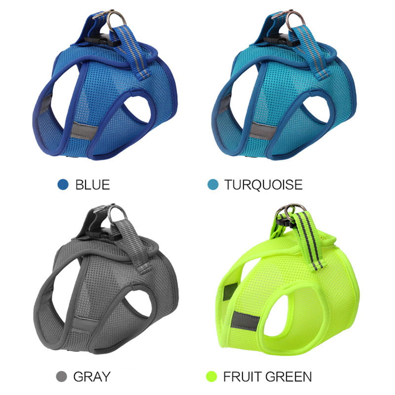Blue mesh cat harness with reflective strips and a sturdy metal d-ring designed for anti strike pet walking.