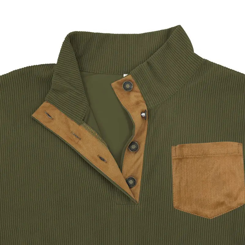 Olive green slim fit corduroy henley shirt with tan suede collar placket and pocket featuring contrast accents.