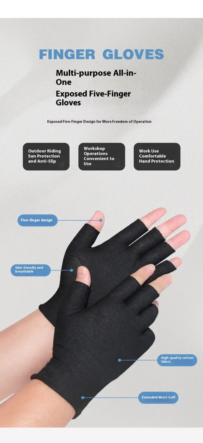 Schwarze atmungsaktive Baumwoll-Fünf-Finger-Handschuhe mit verlängertem Bündchen am Handgelenk, von der Rückseite gezeigt.