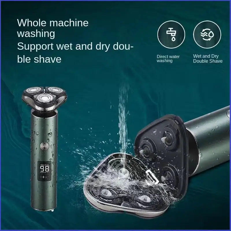 Rasoir électrique pour homme à triple tête, rasoir portable vert mat élégant, avec trois têtes de coupe circulaires et un écran numérique sur la poignée.