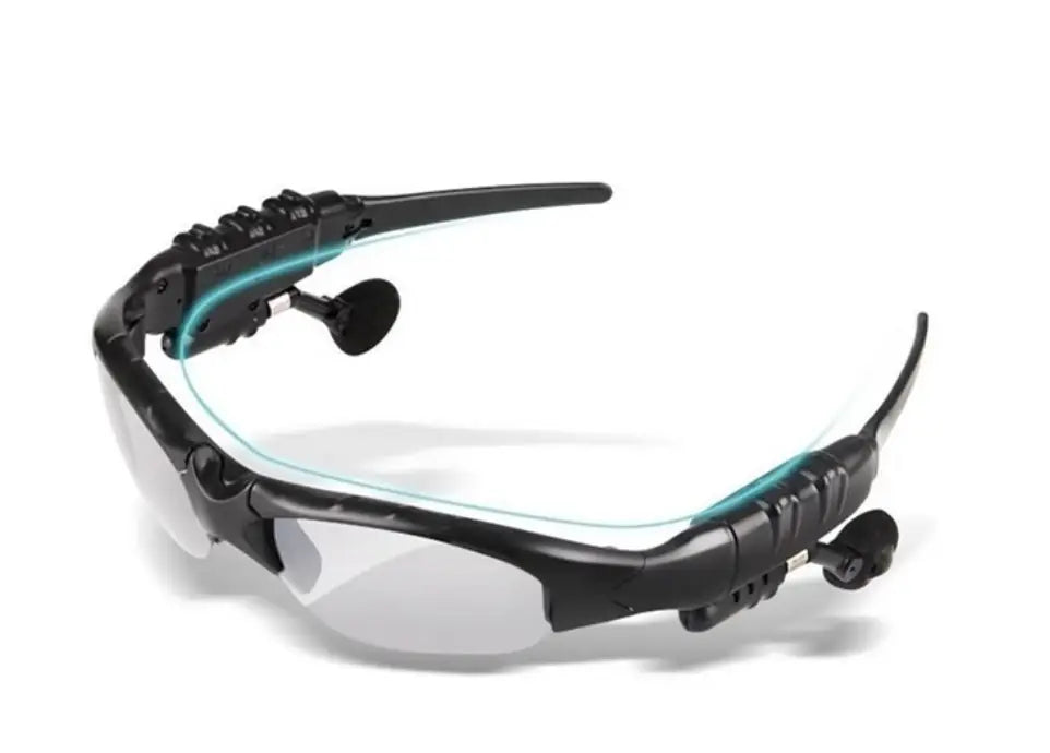 Black sport-style smart bluetooth audio sunglasses with clear lenses, integrated bluetooth earpieces, HD camera, and microphone for hands-free use.
