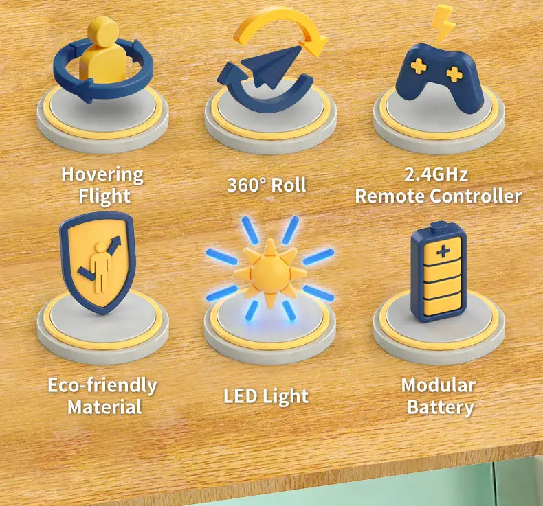 blue and yellow 3d toy figurines on circular bases illustrating features of the k26 football drone blue spherical cage toy with dual battery such as hovering flight and led light.