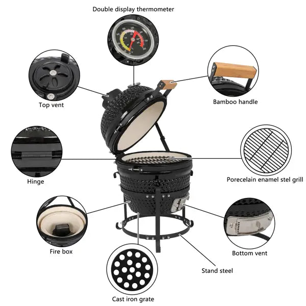 Black 13 inch ceramic kamado charcoal grill featuring a bamboo handle, porcelain enamel steel body, and cast iron grate.