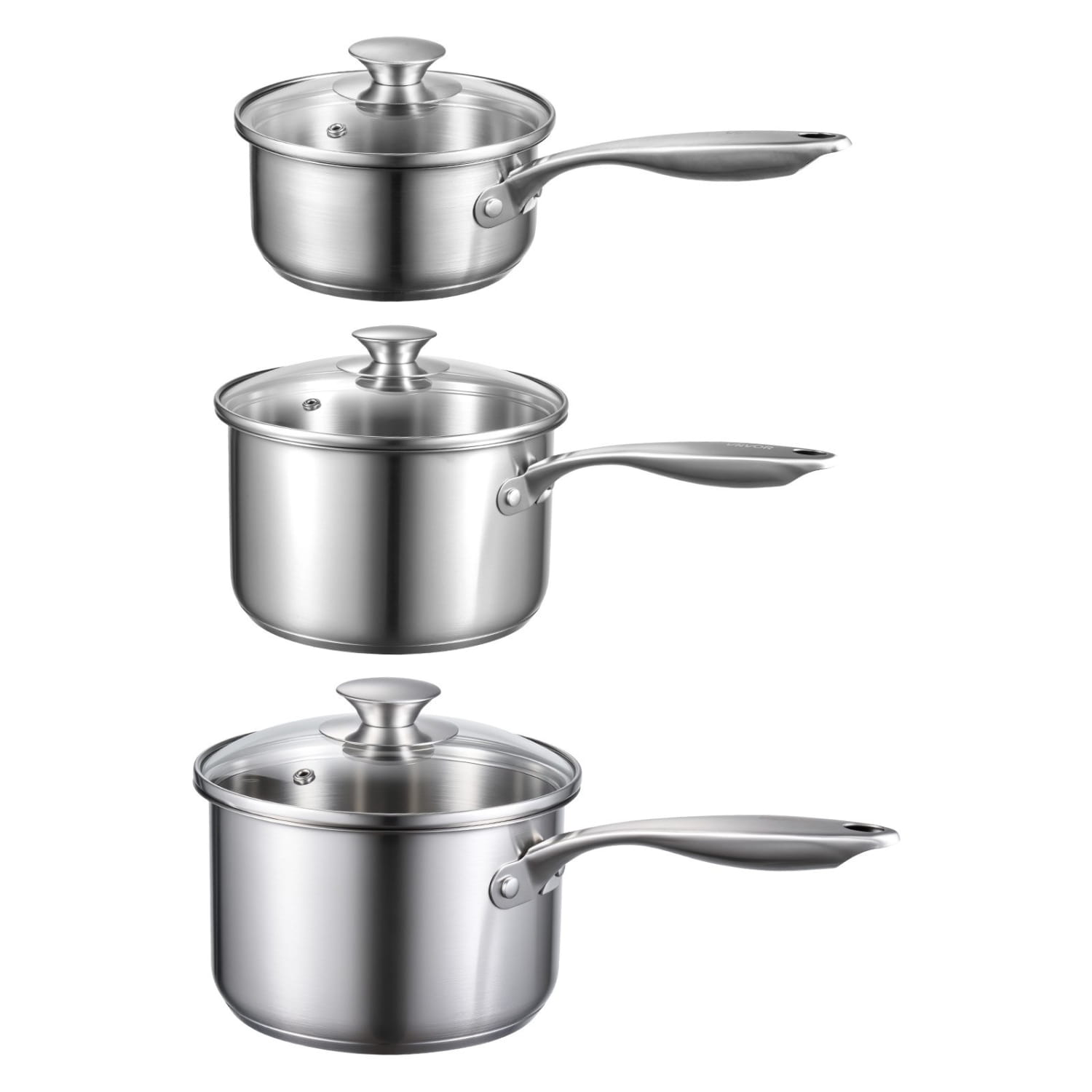 Ensemble de trois casseroles en acier inoxydable avec couvercles en verre et poignées ergonomiques, conçues pour la cuisson à induction.