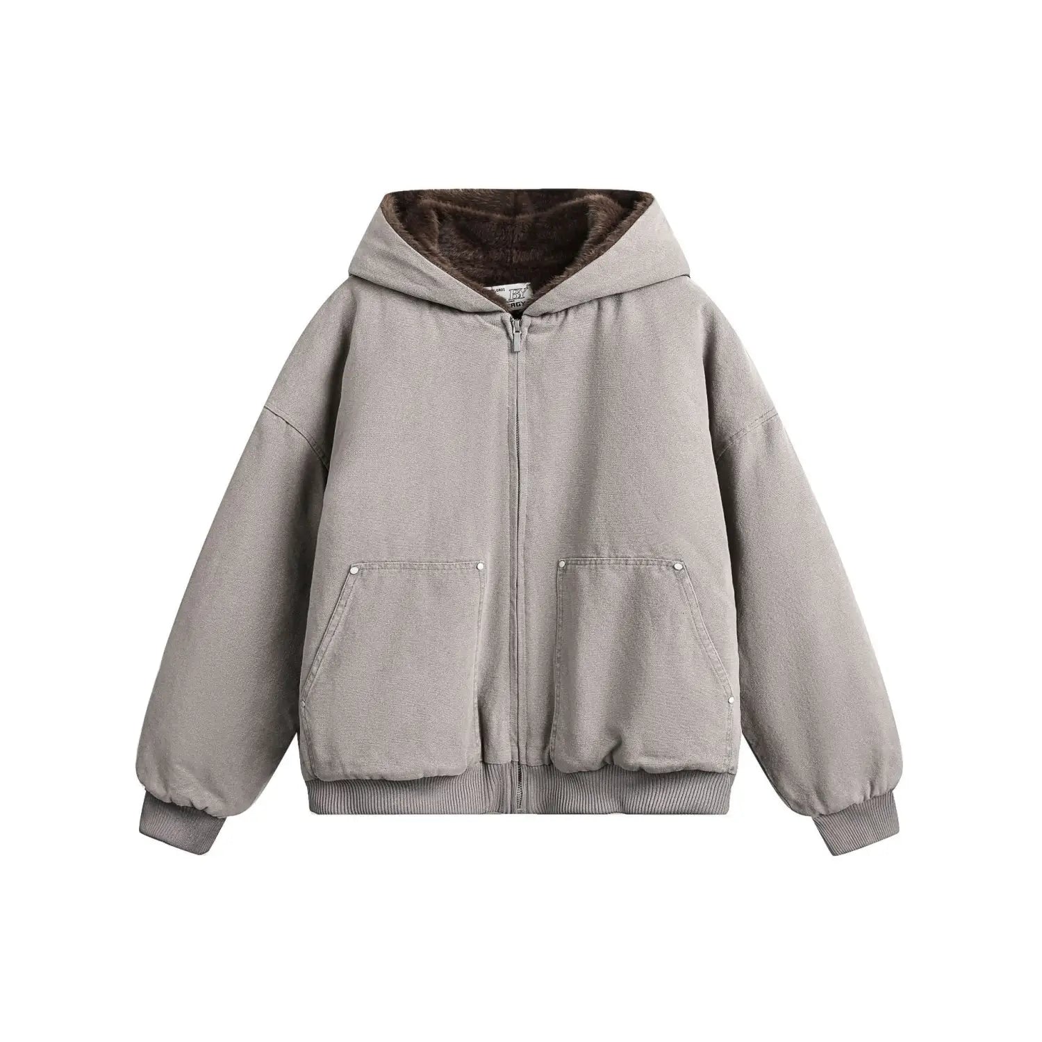 Abrigo acolchado de invierno de algodón con forro de piel sintética para hombre y mujer en color gris, con interior acolchado marrón y dos bolsillos delanteros.