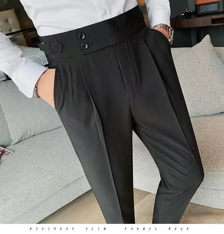 Black slim fit formal trousers with a high-waisted design and double-button closure in Korean style for men