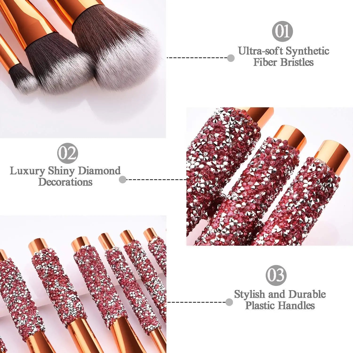 Rhinestone makeup brush set with bag 10 piece pink featuring rose gold ferrules, plush synthetic bristles in brown and gray shades, and handles decorated with sparkling pink and silver diamond-like embellishments.