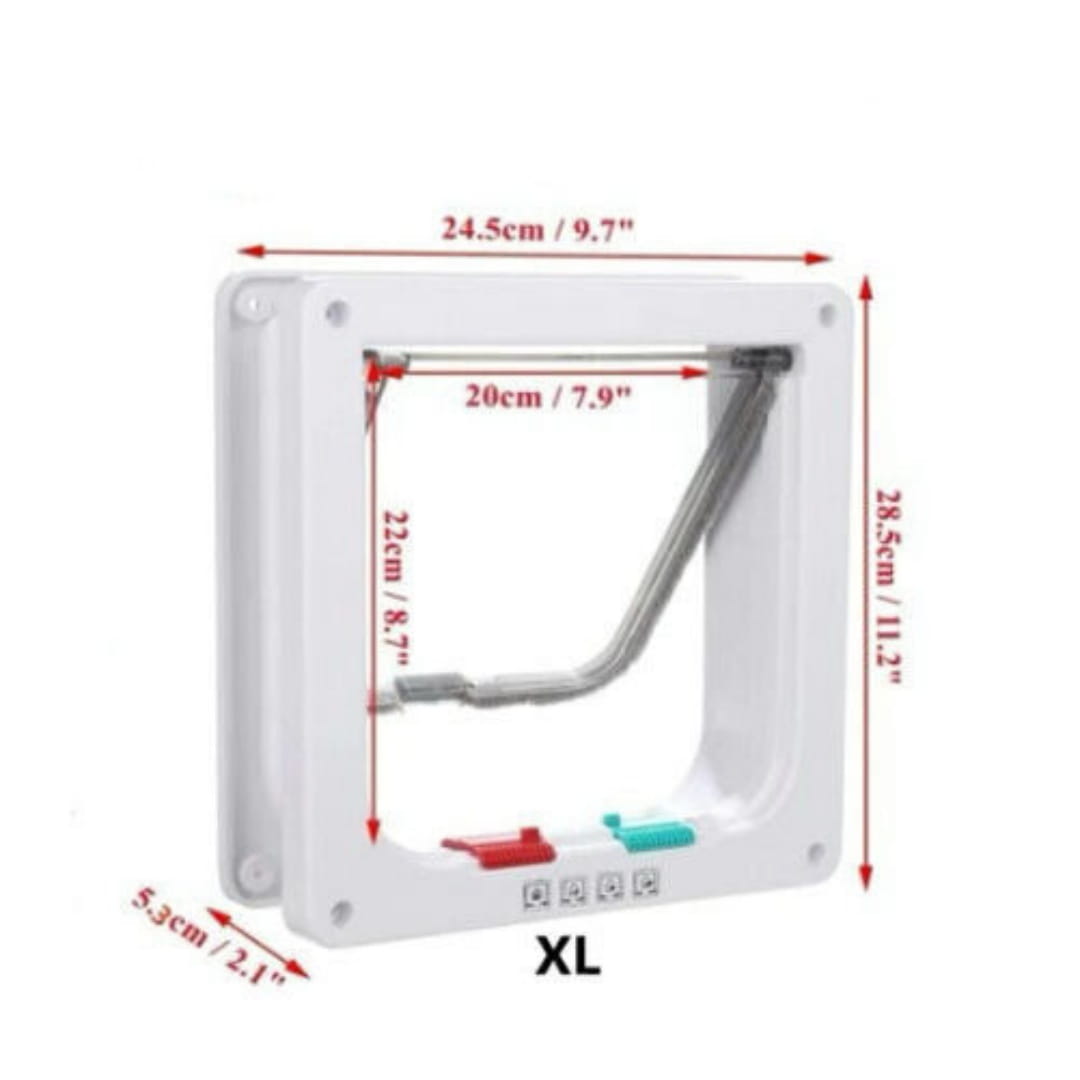 White plastic xl pet door with a silver metal flap and red green and blue buttons featuring a 4 way locking magnetic mechanism for dogs and cats.