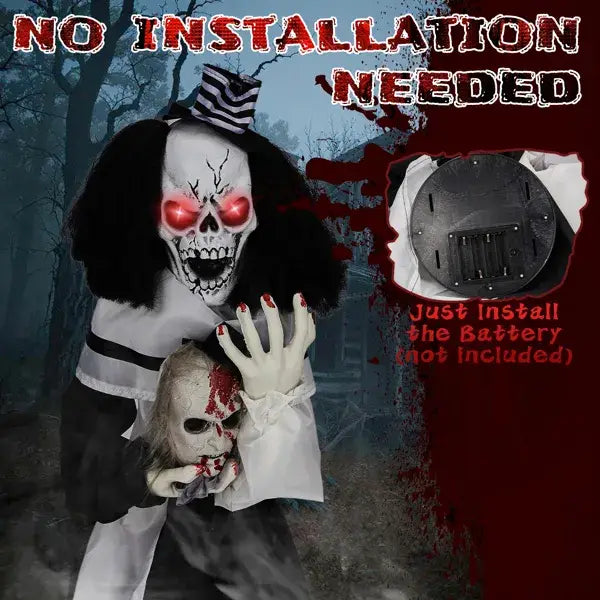 A spooky animated scary clown halloween decoration with glowing red eyes, a black and white striped hat, a skeletal face, and sound activation holding a skull, measuring 1.8 feet tall.