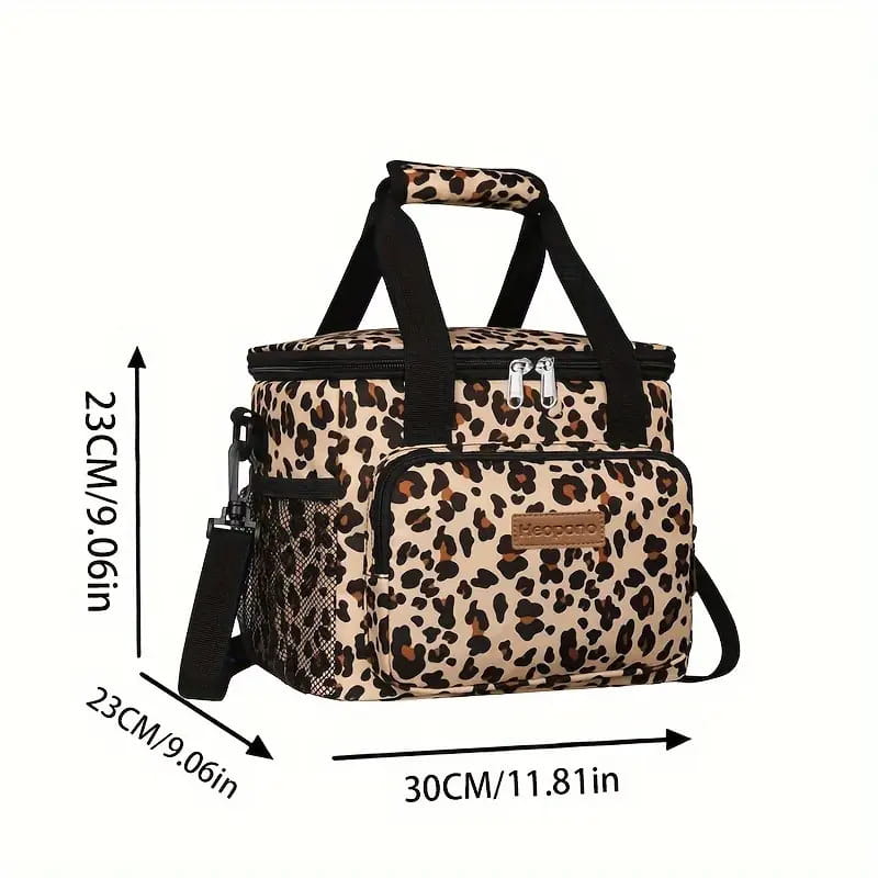 Leopard-print insulated lunch bag large portable crossbody case with black handles and shoulder strap designed for keeping food and drinks cool.
