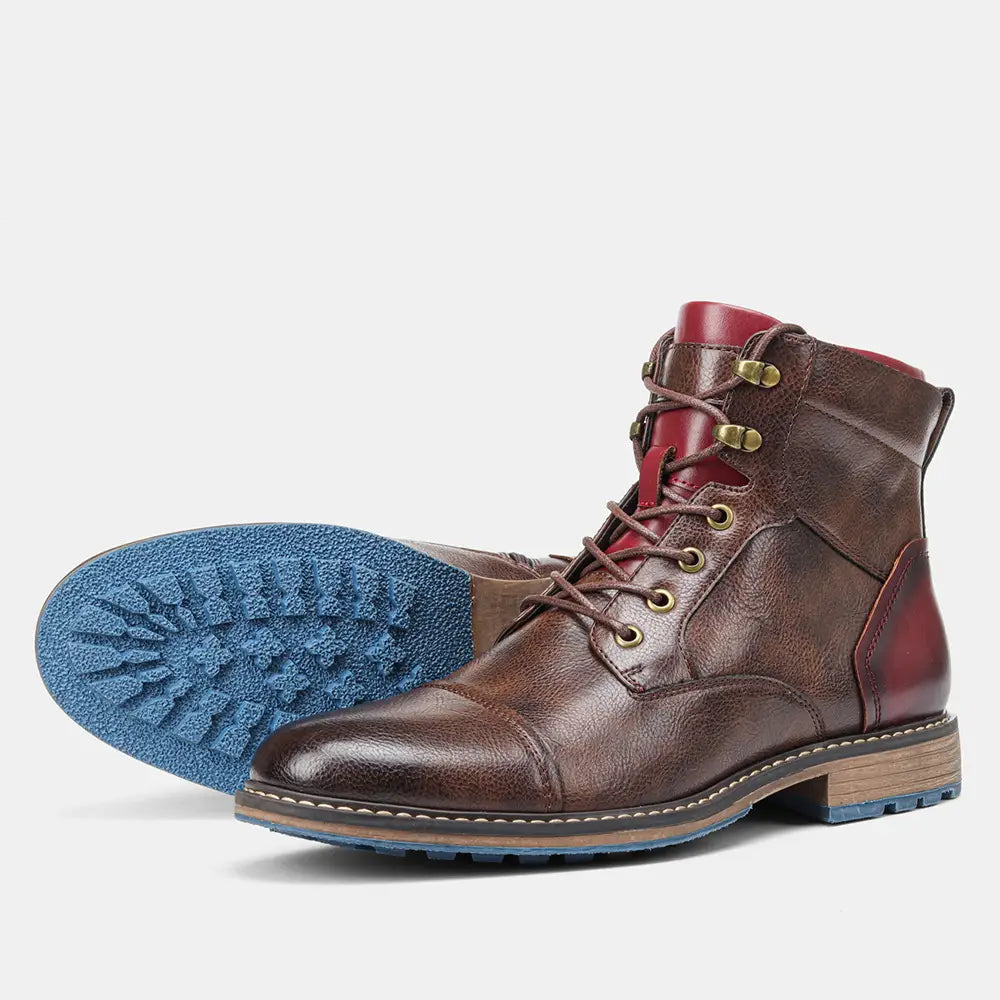 Brown leather leather Martin boots with lace-up design, contrasting red interior panel, brass eyelets, and blue rubber sole.