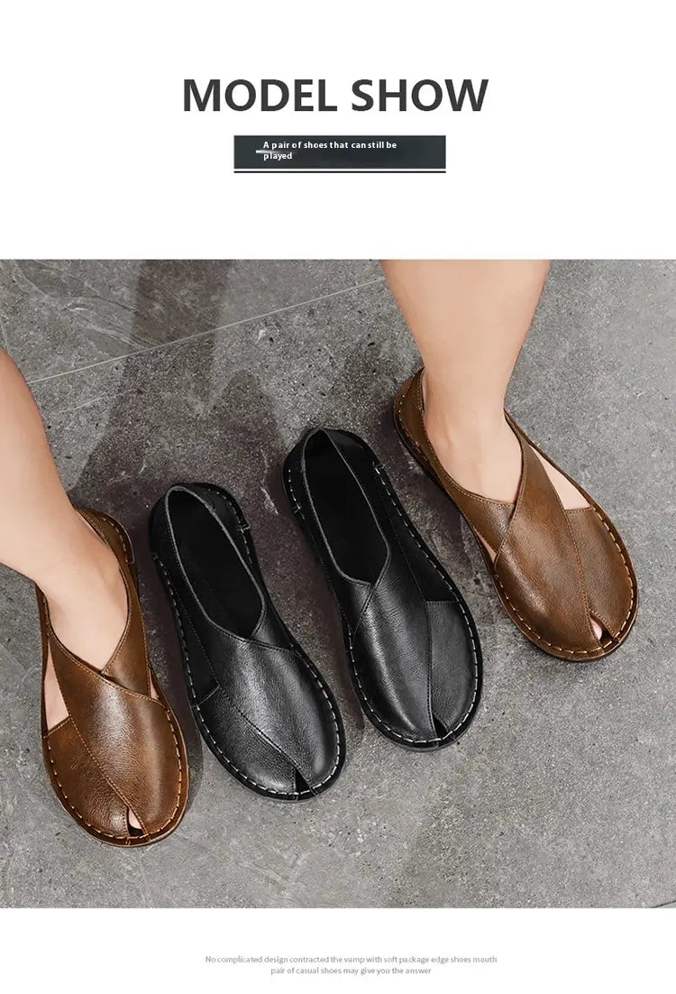 Herren-Braune und schwarze Echtleder-Slip-on-Strandsandalen mit einfachem Kreuzriemen-Design